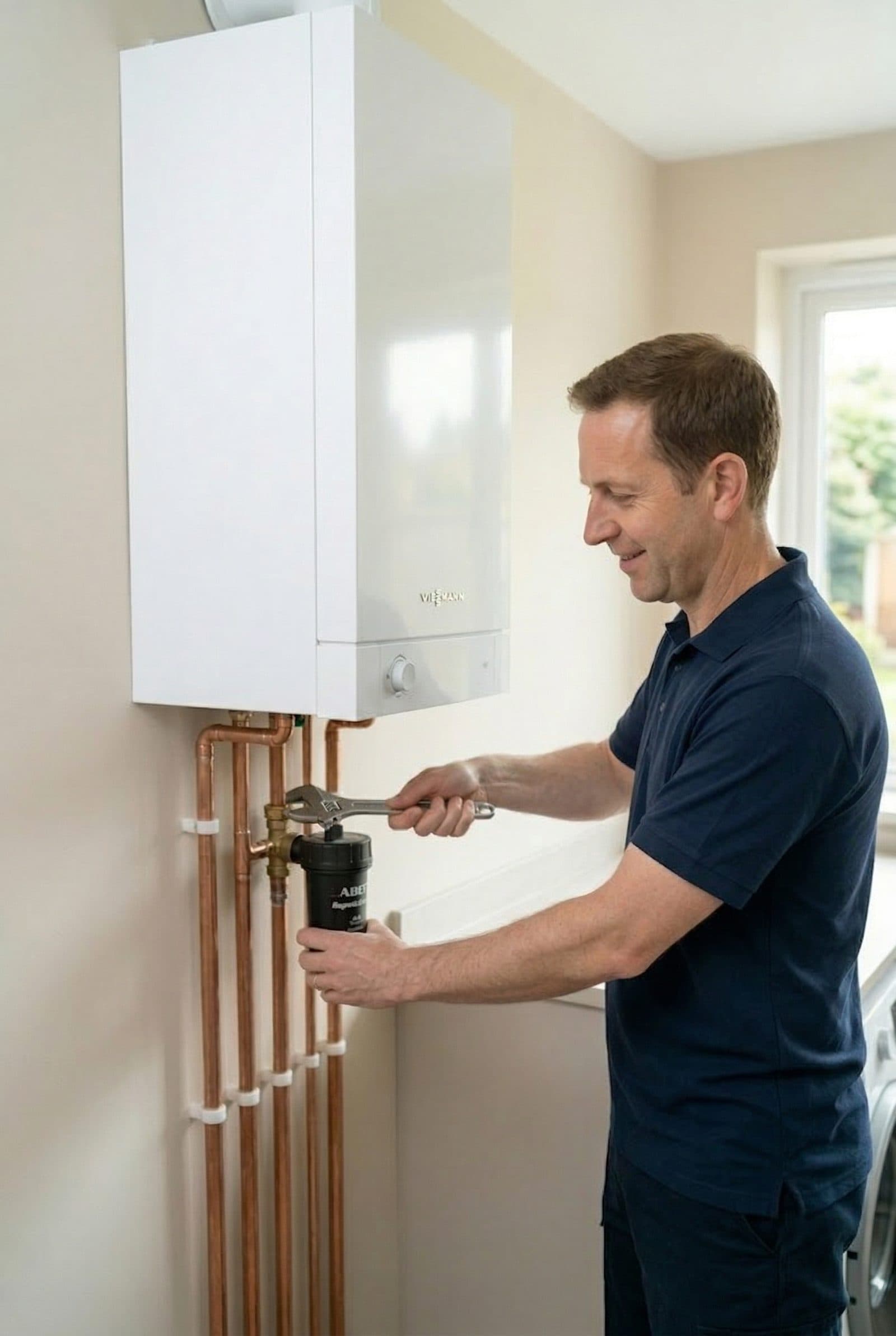 Brad installing a new boiler with copper pipework in Wetherby