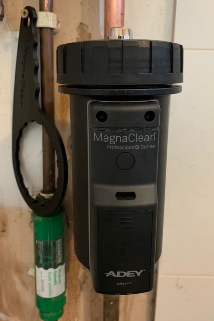 ADEY MagnaClean Professional 3 Sense magnetic filter fitted to copper pipework — system protection installed by The Wetherby Plumber
